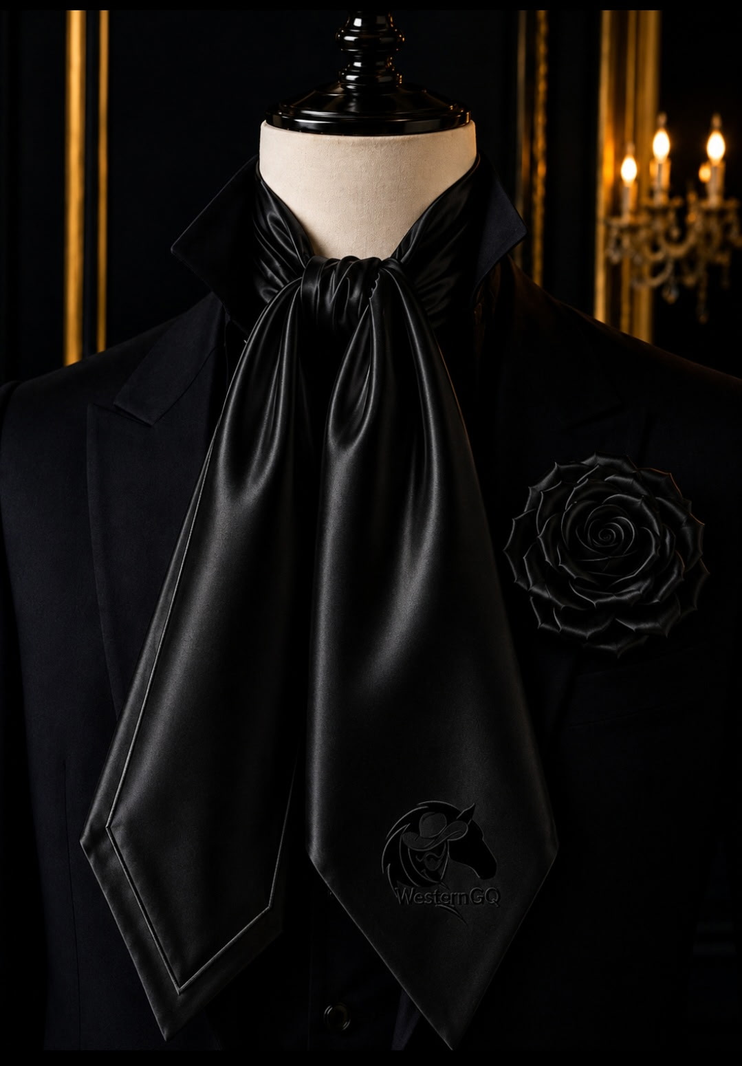 Western GQ black satin cravat scarf with matching black rose lapel brooch and Western GQ emblem on a mannequin in a chandelier-lit lounge